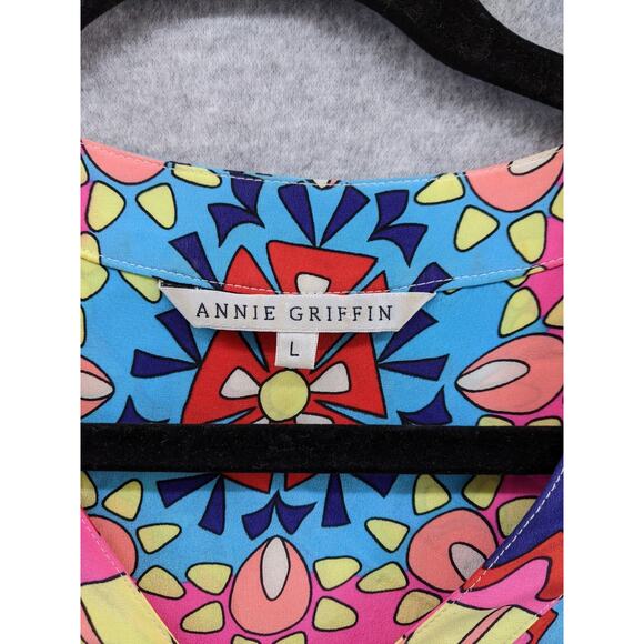 Annie Griffin Silk Blouse Tunic Womens Sz Large Kaleidoscope Bright Colorful Fun - Picture 2 of 11